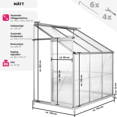 Veggdrivhus aluminium med fundament 192x128x202cm - transparent