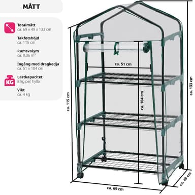 Lite drivhus med 3 hyller 69x49x133cm - transparent