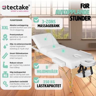 Massasjebenk med 3 soner, 10 cm polstring - hvit