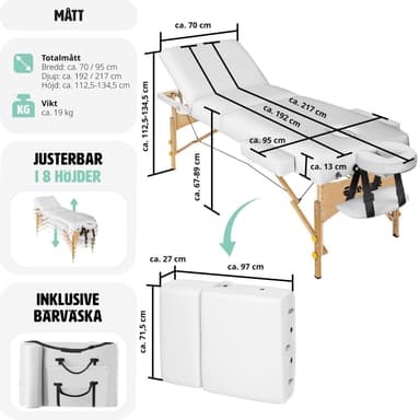 Massasjebenk med 3 soner, 10 cm polstring - hvit