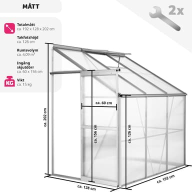 Veggdrivhus aluminium uten fundament 192x128x202cm - transparent