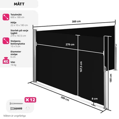 Dobbel sidemarkise aluminium - 180 x 600 cm,svart