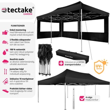 Partytelt, paviljong Viola 3x6 m med 2 vegger - svart