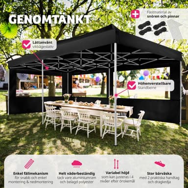 Partytelt, paviljong Viola 3x6 m med 2 vegger - svart