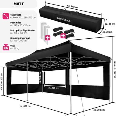Partytelt, paviljong Viola 3x6 m med 2 vegger - svart