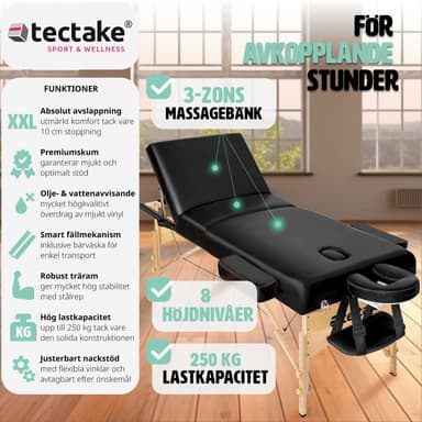 Massasjebenk med 3 soner, 10 cm polstring - svart