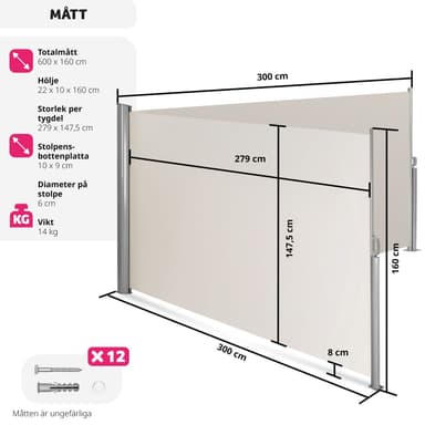 Dobbel sidemarkise aluminium - 160 x 600 cm,beige