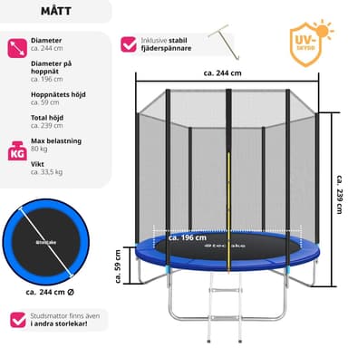Trampoline med beskyttelsesnett - 244 cm