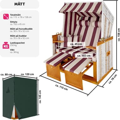 Strandstol for 2 personer inkl. regnbeskyttelse - rød/hvit
