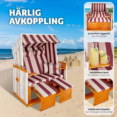 Strandstol for 2 personer inkl. regnbeskyttelse - rød/hvit