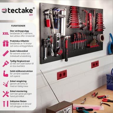 Verktøytavle - perforert med 25 kroker og braketter 120x2x60cm - svart/rød