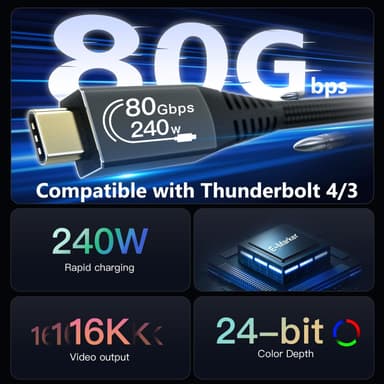 NÖRDIC 50cm Thunderbolt 5 kabel 80Gbps dataoverføring 240W lading 120Gbps båndbredde 16K60Hz 8K60Hz 4K540Hz