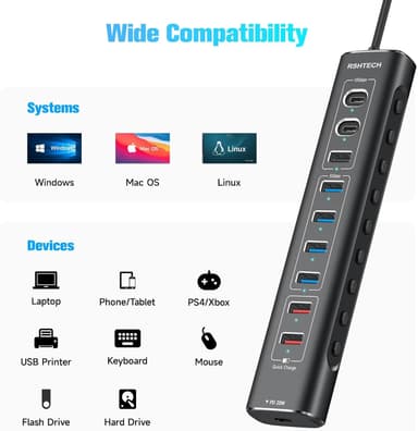 NÖRDIC drevet 10-ports USB-C & A Hub, 3x10G USB-A og USB-C USB3.2 GEN2, 4x5G USB-A USB3.2 GEN1, 1xUSB-C 20W PD, 2xUSB-A lading med individuell bryter