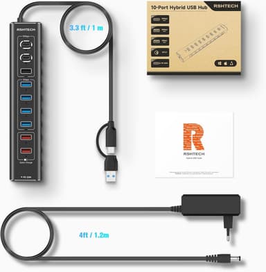 NÖRDIC drevet 10-ports USB-C & A Hub, 3x10G USB-A og USB-C USB3.2 GEN2, 4x5G USB-A USB3.2 GEN1, 1xUSB-C 20W PD, 2xUSB-A lading med individuell bryter