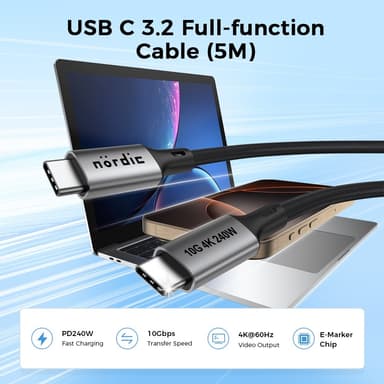 NÖRDIC 5m USB 3.2 Gen 2 USB-C til C nylonflettet kabel PD3.1 240W 20G 4K60Hz grå