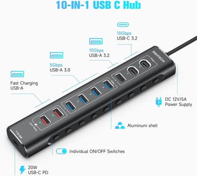 NÖRDIC drevet 10-ports USB-C & A Hub, 3x10G USB-A og USB-C USB3.2 GEN2, 4x5G USB-A USB3.2 GEN1, 1xUSB-C 20W PD, 2xUSB-A lading med individuell bryter