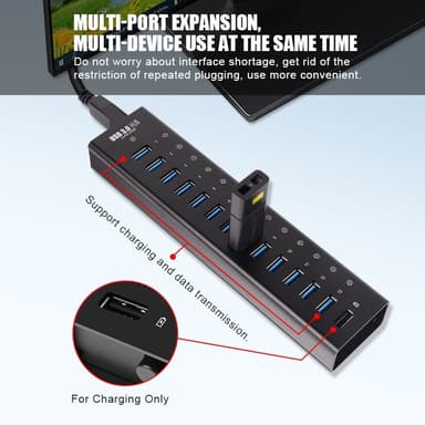 NÖRDIC drevet 14-porters USB 3.0 HUB 5 Gbps 1,2 mm kabel aluminium svart med strømforsyning