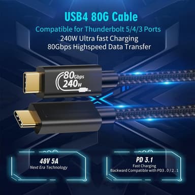 NÖRDIC 50cm Thunderbolt 5 kabel 80Gbps dataoverføring 240W lading 120Gbps båndbredde 16K60Hz 8K60Hz 4K540Hz