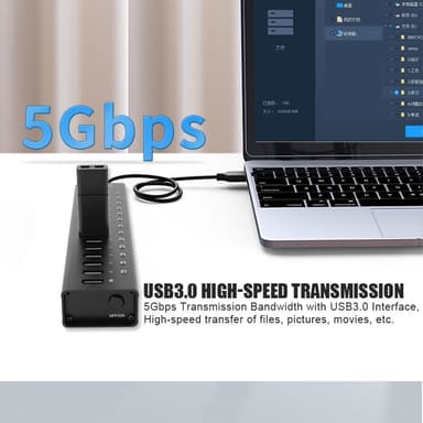 NÖRDIC drevet 14-porters USB 3.0 HUB 5 Gbps 1,2 mm kabel aluminium svart med strømforsyning