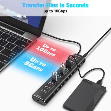 NÖRDIC drevet 10-ports USB-C & A Hub, 3x10G USB-A og USB-C USB3.2 GEN2, 4x5G USB-A USB3.2 GEN1, 1xUSB-C 20W PD, 2xUSB-A lading med individuell bryter