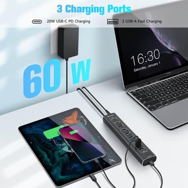NÖRDIC drevet 10-ports USB-C & A Hub, 3x10G USB-A og USB-C USB3.2 GEN2, 4x5G USB-A USB3.2 GEN1, 1xUSB-C 20W PD, 2xUSB-A lading med individuell bryter