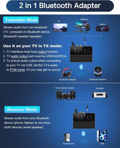 NÖRDIC Bluetooth 5.3 Mottaker Sender aptX aptX HD for 2 Hodetelefoner, AUX/RCA