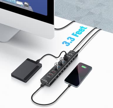 NÖRDIC drevet 10-ports USB-C & A Hub, 3x10G USB-A og USB-C USB3.2 GEN2, 4x5G USB-A USB3.2 GEN1, 1xUSB-C 20W PD, 2xUSB-A lading med individuell bryter