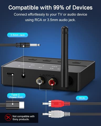 NÖRDIC Bluetooth 5.3 Mottaker Sender aptX aptX HD for 2 Hodetelefoner, AUX/RCA