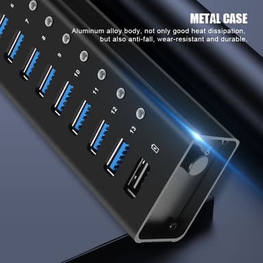 NÖRDIC drevet 14-porters USB 3.0 HUB 5 Gbps 1,2 mm kabel aluminium svart med strømforsyning