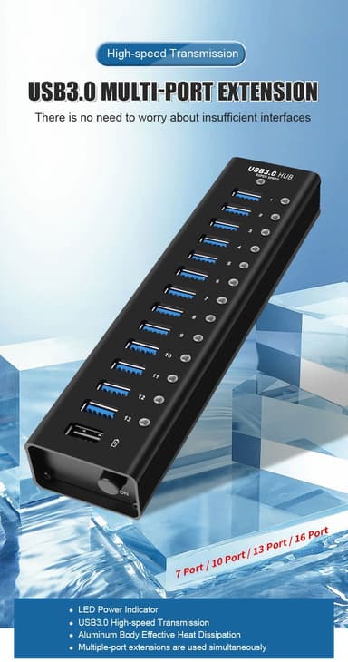 NÖRDIC drevet 14-porters USB 3.0 HUB 5 Gbps 1,2 mm kabel aluminium svart med strømforsyning