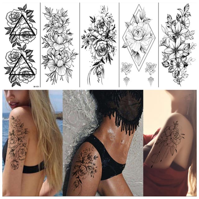 Rubs - midlertidige tatoveringer med blomstermotiver 8 stk Sort