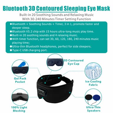 3D-søvnmaske Bluetooth-sovehodetelefoner Sort