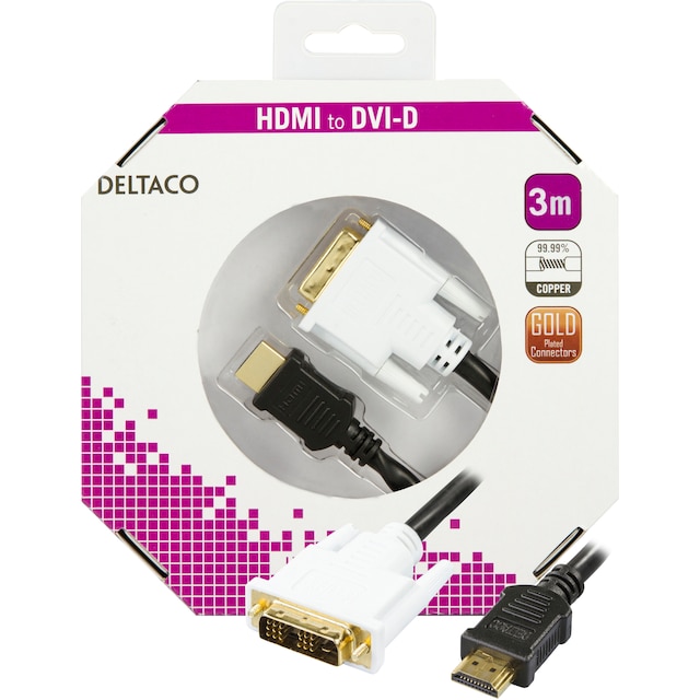 HDMI to DVI-cable, Full HD  60Hz, 19-pin male - DVI-D Single