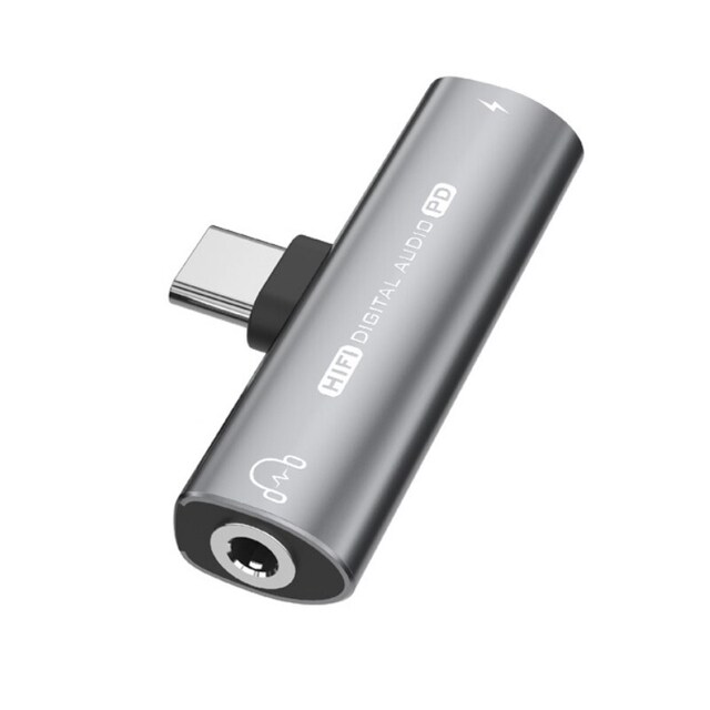 USB-C til 3,5 mm adapter for hodetelefoner og lader Grå