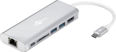 USB-C™ multiportadapter HDMI 4k 30 Hz, USB, CR, RJ45, PD, aluminium, sølv