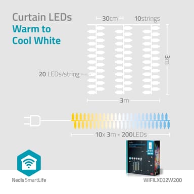 Nedis SmartLife Julelys | Gardin | Wi-Fi | Varm til avkjølt hvitt | 200 LED's | 3 m | Android™ / IOS