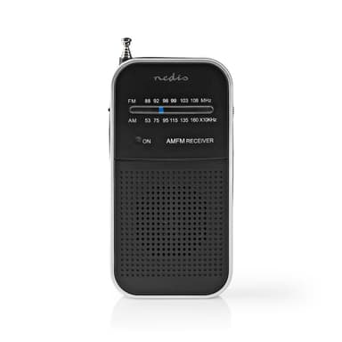 Nedis FM-radio | Bærbar design | AM / FM | Batteri drevet | Analog | 1.5 W | Svart hvit skerm | Hodetelefonutgang | IP20 | Aluminium / Sort