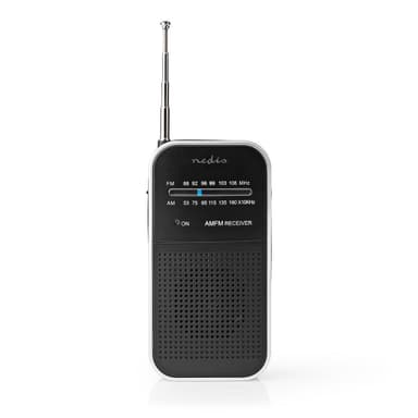 Nedis FM-radio | Bærbar design | AM / FM | Batteri drevet | Analog | 1.5 W | Svart hvit skerm | Hodetelefonutgang | IP20 | Aluminium / Sort