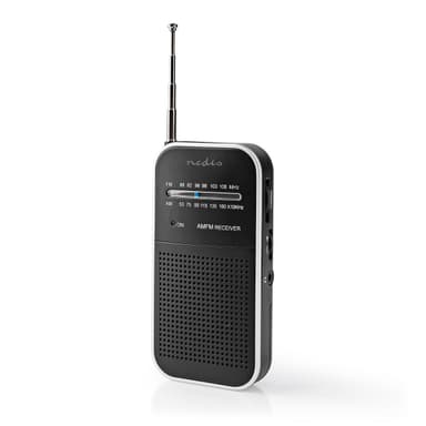 Nedis FM-radio | Bærbar design | AM / FM | Batteri drevet | Analog | 1.5 W | Svart hvit skerm | Hodetelefonutgang | IP20 | Aluminium / Sort