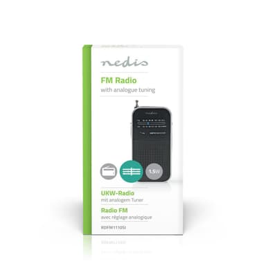 Nedis FM-radio | Bærbar design | AM / FM | Batteri drevet | Analog | 1.5 W | Svart hvit skerm | Hodetelefonutgang | IP20 | Aluminium / Sort