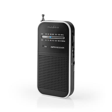 Nedis FM-radio | Bærbar design | AM / FM | Batteri drevet | Analog | 1.5 W | Svart hvit skerm | Hodetelefonutgang | IP20 | Aluminium / Sort