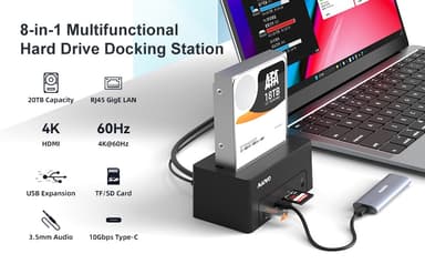 Maiwo USB-C-dokkingstasjon 2,5""/3,5"" 2x SATA HDD SSD & SD/TF-minnekort, HDMI2.0 4K60Hz RJ45 GigaLan USB-A & USB-C 10Gbps