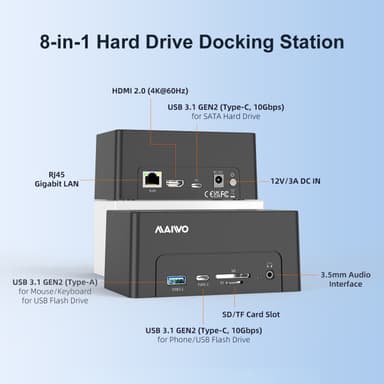 Maiwo USB-C-dokkingstasjon 2,5""/3,5"" 2x SATA HDD SSD & SD/TF-minnekort, HDMI2.0 4K60Hz RJ45 GigaLan USB-A & USB-C 10Gbps