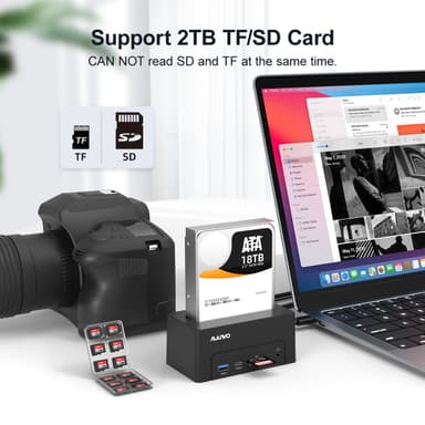 Maiwo USB-C-dokkingstasjon 2,5""/3,5"" 2x SATA HDD SSD & SD/TF-minnekort, HDMI2.0 4K60Hz RJ45 GigaLan USB-A & USB-C 10Gbps