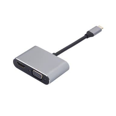 NÖRDIC USB C til HDMI 4K i 30Hz og VGA 1080P speil og utvidet modus 10cm kabel aluminiumsrom grå