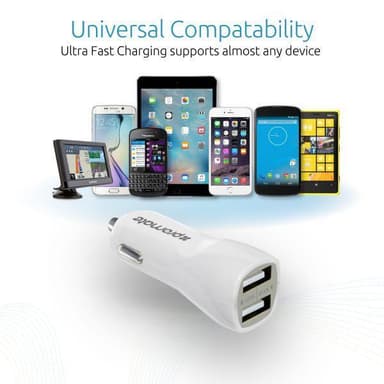 Promate Vivid.White bil lader med dobbelt USB a porter 5V / 2,4A totalt 3.1a svart inngang 12-24V DC svart
