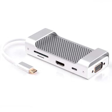 NÖRDIC 1 til 8 USB C Aluminium Docking Station 1xHDMI 4K 30Hz 1xvga 1080p 3xUSB 3.1 5GBP 1X USB C PD87W 1XSD / TF Card Reader Silver