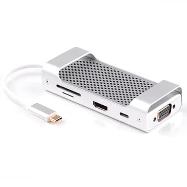 NÖRDIC 1 til 8 USB C Aluminium Docking Station 1xHDMI 4K 30Hz 1xvga 1080p 3xUSB 3.1 5GBP 1X USB C PD87W 1XSD / TF Card Reader Silver