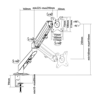 NÖRDIC Monitorarm Table Bracket med gassfjær for 1 skjerm, 17 ""-27"", aluminium og stål, svart, skjermbrakett