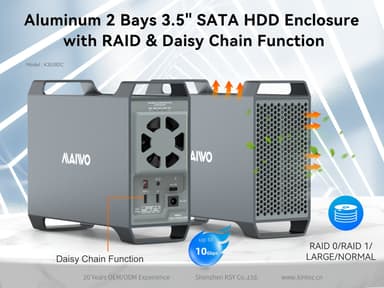 MAIWO K35282C USB-C 3.1 eksternt kabinett aluminium for 2x 3,5"" SATA HDD med støtte for RAID